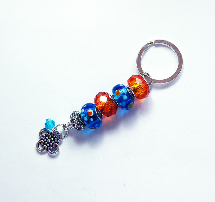 Flower Polka Dot Lampwork Bead Keychain in Orange & Blue - Kelly's Handmade