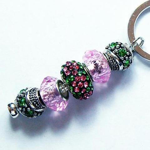 Rhinestone Bead Keychain in Pink & Green - Kelly's Handmade