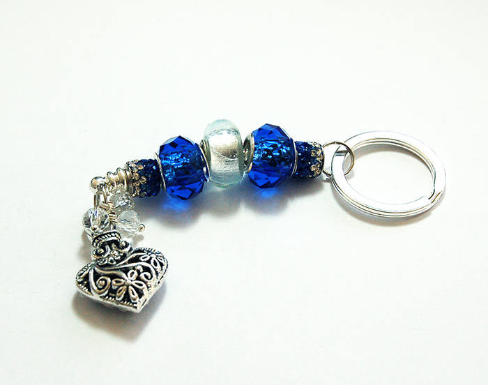 Ornate Heart Rhinestone Bead Keychain in Blue & Silver - Kelly's Handmade