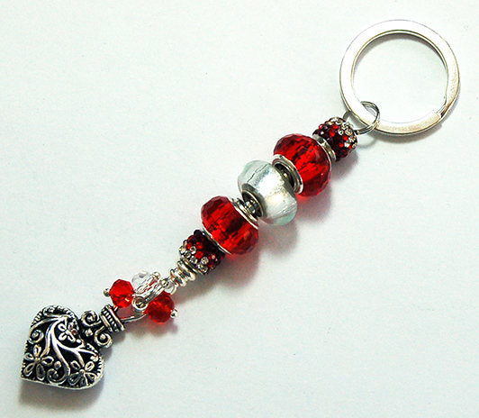 Ornate Heart Rhinestone Bead Keychain in Red & Silver - Kelly's Handmade
