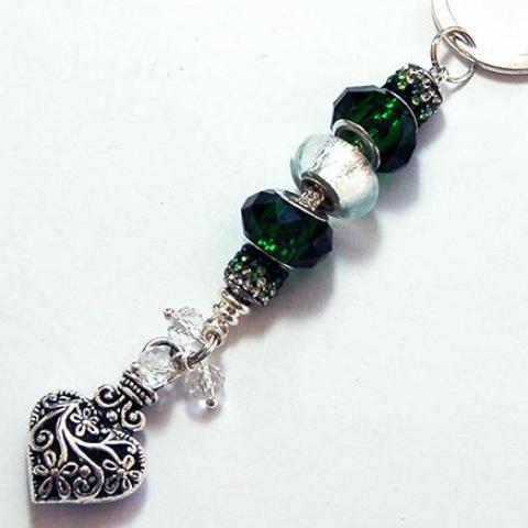 Ornate Heart Rhinestone Bead Keychain in Green & Silver - Kelly's Handmade