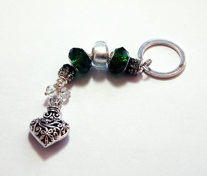 Ornate Heart Rhinestone Bead Keychain in Green & Silver - Kelly's Handmade