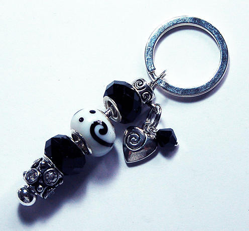 Heart Swirl Lampwork Bead Keychain in Black & White - Kelly's Handmade