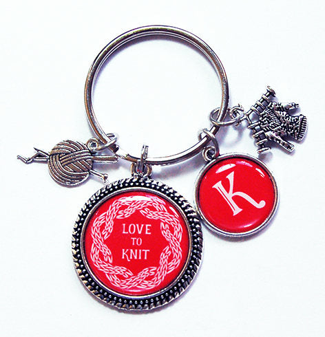 Love to Knit Monogram Keychain in Red - Kelly's Handmade