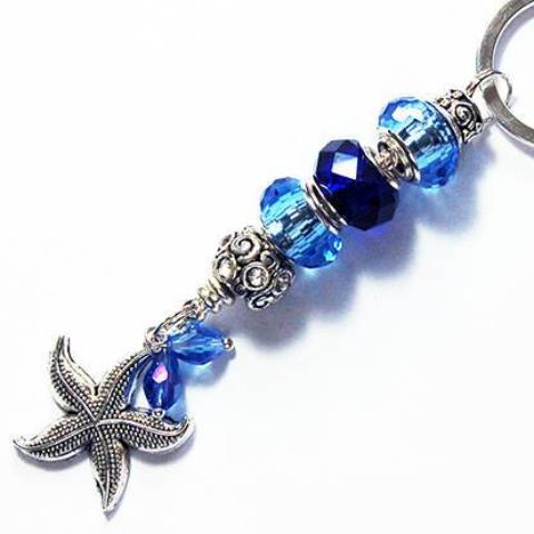 Starfish Bead Keychain in Blue & Silver - Kelly's Handmade