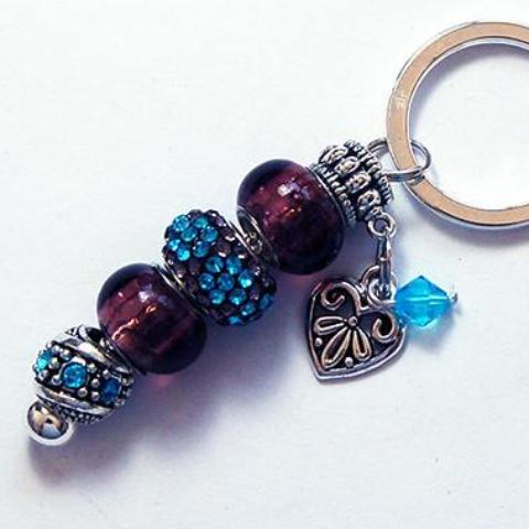 Heart Rhinestone Bead Keychain in Rosy Brown & Blue - Kelly's Handmade