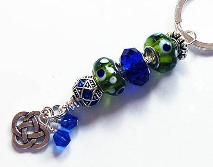 Irish Knot Lampwork Bead Keychain in Green & Blue - Kelly's Handmade