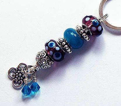Lampwork Bead Keychain in Blue & Mauve - Kelly's Handmade