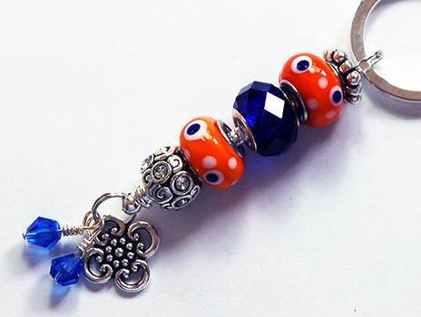 Flower Lampwork Bead Keychain in Orange & Navy Blue - Kelly's Handmade