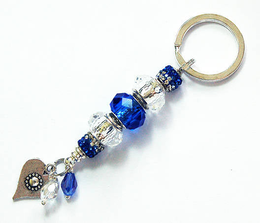 Heart Rhinestone Bead Keychain in Blue & White - Kelly's Handmade
