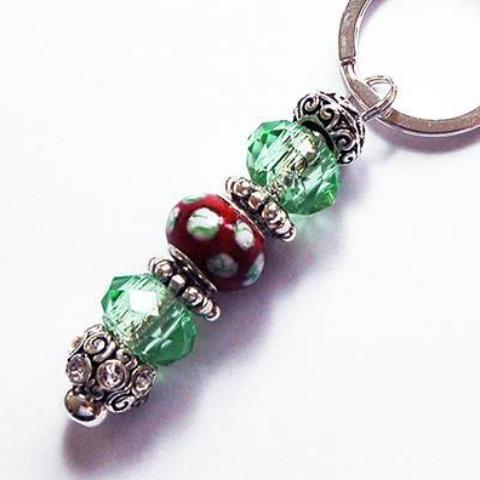 Lampwork Dotted Bead Keychain in Green & Red - Kelly's Handmade