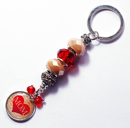 Mom Bead Keychain in Red & Tan - Kelly's Handmade