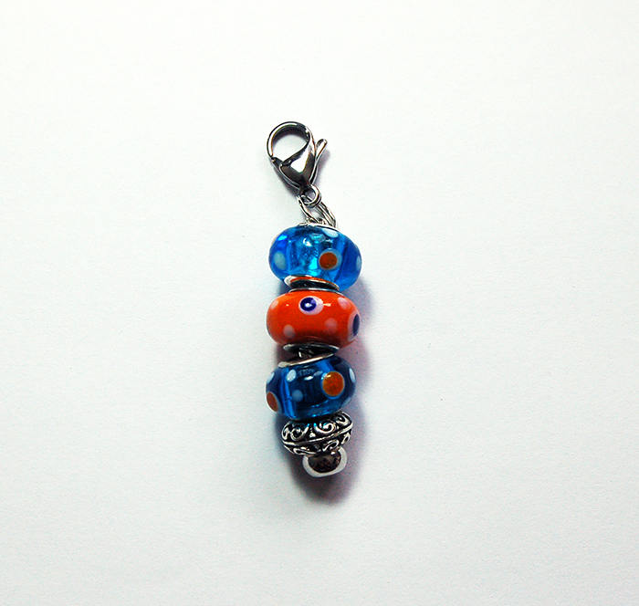 Lampwork Polka Dot Bead Zipper Pull in Blue & Orange - Kelly's Handmade