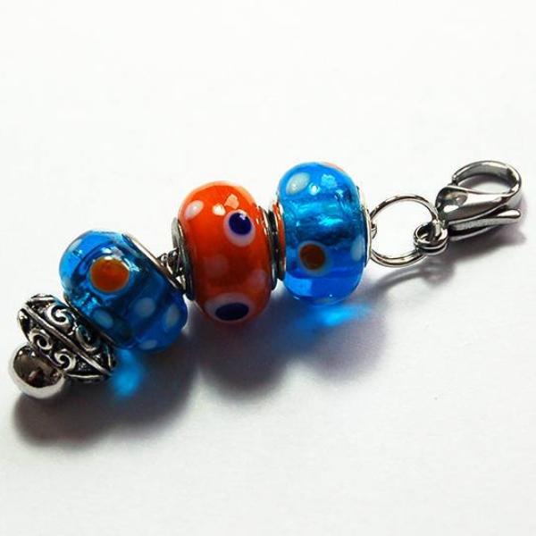 Lampwork Polka Dot Bead Zipper Pull in Blue & Orange - Kelly's Handmade