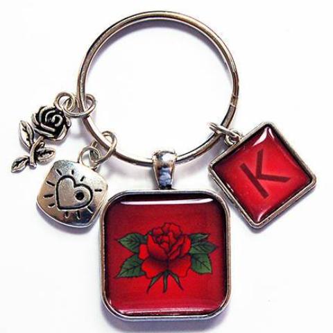 Rose Monogram Keychain in Red 2 - Kelly's Handmade