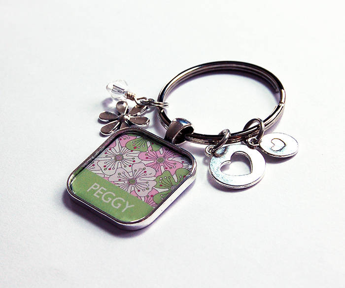 Floral Personalized Keychain in Green & Pink - Kelly's Handmade