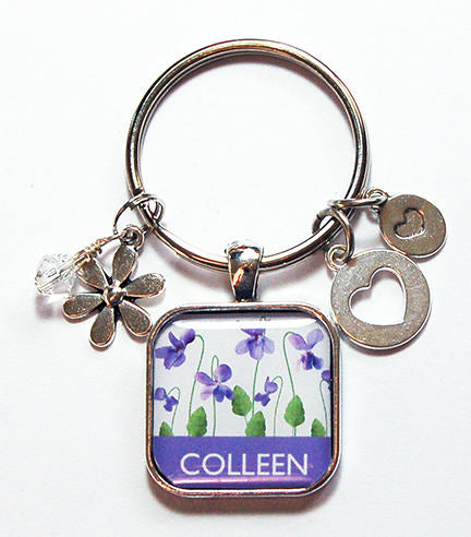 Floral Personalized Keychain in Purple & White - Kelly's Handmade