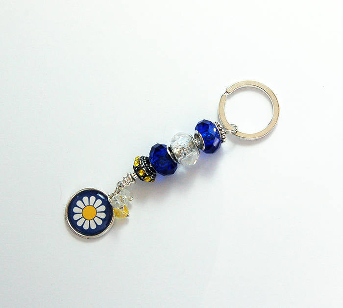 Daisy Beaded Keychain in Blue & Yellow - Kelly's Handmade