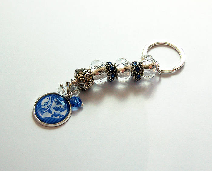 Heart Bead Keychain in Blue & Silver - Kelly's Handmade