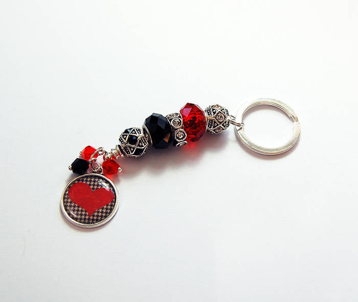 Heart Houndstooth Bead Keychain in Red & Black - Kelly's Handmade