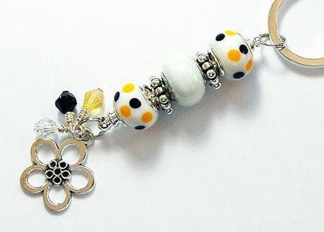 Flower Polka Dot Bead Keychain in Yellow & White - Kelly's Handmade