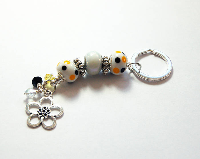 Flower Polka Dot Bead Keychain in Yellow & White - Kelly's Handmade