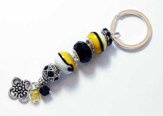 Flower Striped Lampwork Bead Keychain in Yellow & Black - Kelly's Handmade