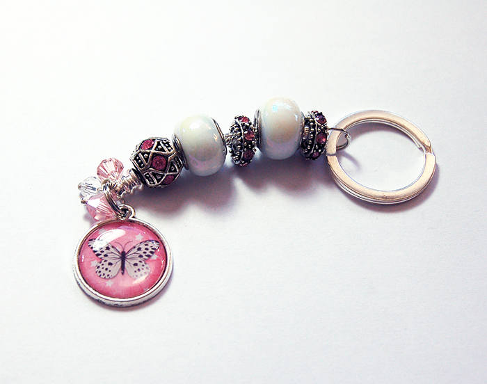 Butterfly Bead Keychain in Pink & White - Kelly's Handmade