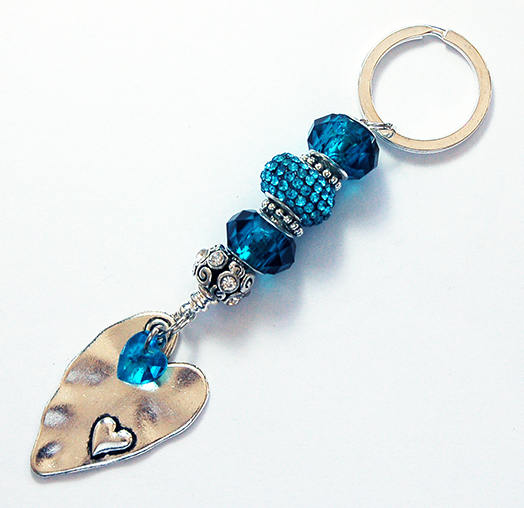 Oversized Heart Rhinestone Bead Keychain in Teal Blue - Kelly's Handmade