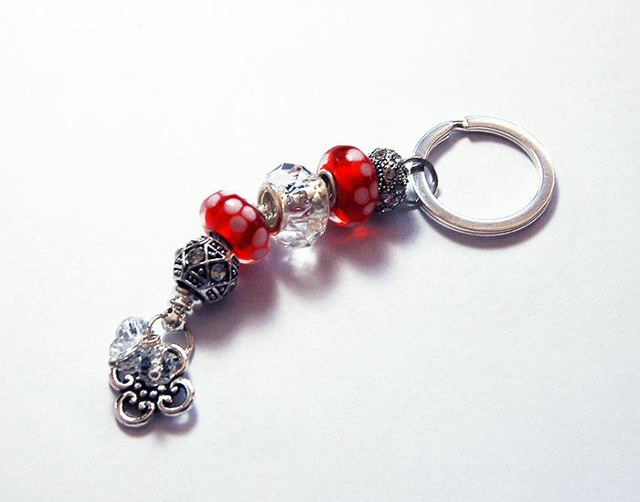 Flower Polka Dot Lampwork Keychain in Red & White - Kelly's Handmade