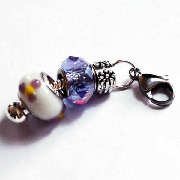 Lampwork Bead Zipper Pull in Purple & White - Kelly's Handmade