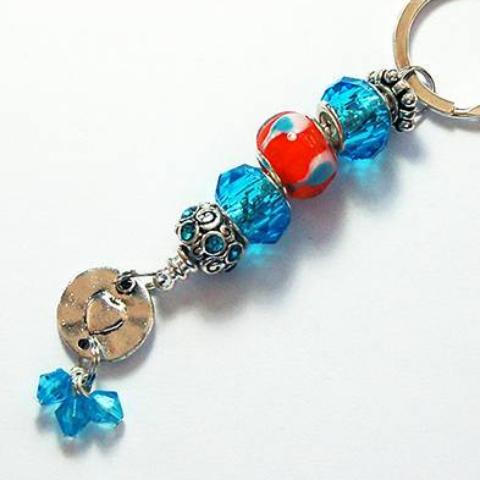 Heart Lampwork Bead Keychain in Blue & Orange - Kelly's Handmade