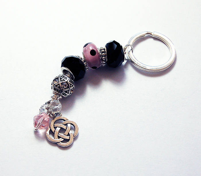 Irish Knot Polka Dot Bead Keychain in Black & Pink - Kelly's Handmade