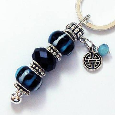 Lampwork Bead Keychain in Black, Blue & Silver - Kelly's Handmade