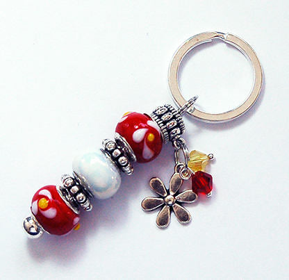 Flower Lampwork Bead Keychain in Red & White - Kelly's Handmade