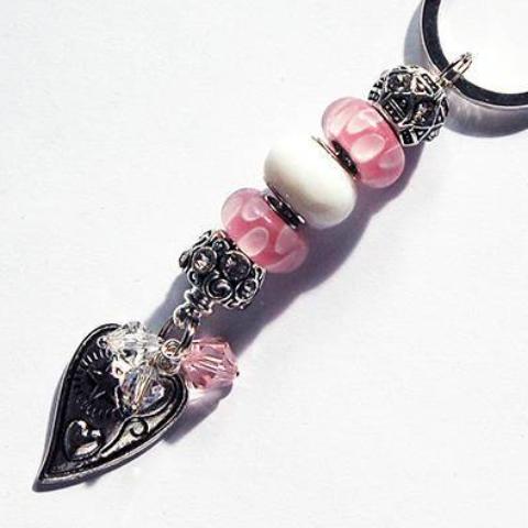 Heart Lampwork Bead Keychain in Pink & White - Kelly's Handmade