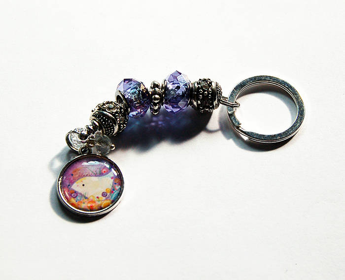 Bird Illustration Bead Keychain in Purple - Kelly's Handmade