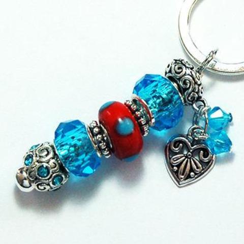 Heart Dotted Lampwork Bead Keychain in Blue & Red - Kelly's Handmade