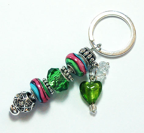 Heart Striped Bead Keychain in Green, Pink & Blue - Kelly's Handmade