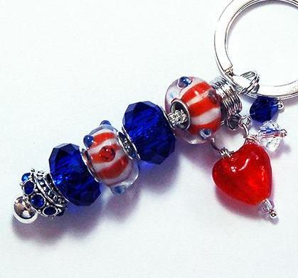 Red White & Blue Heart Bead Keychain - Kelly's Handmade