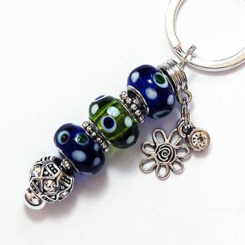 Flower Dotted Lampwork Bead Keychain in Blue & Green - Kelly's Handmade