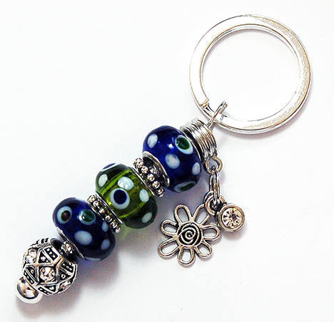 Flower Dotted Lampwork Bead Keychain in Blue & Green - Kelly's Handmade