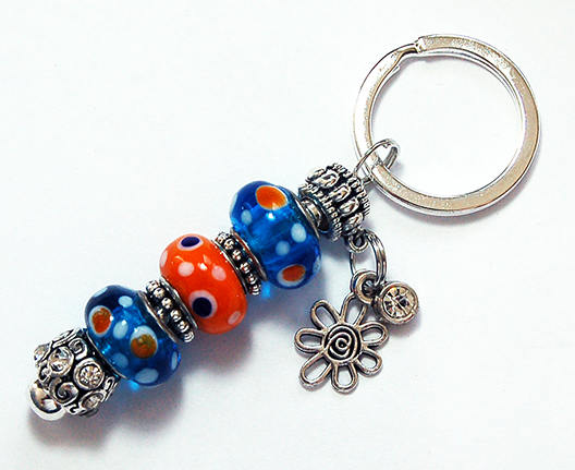 Flower Dotted Lampwork Bead in Blue & Orange - Kelly's Handmade