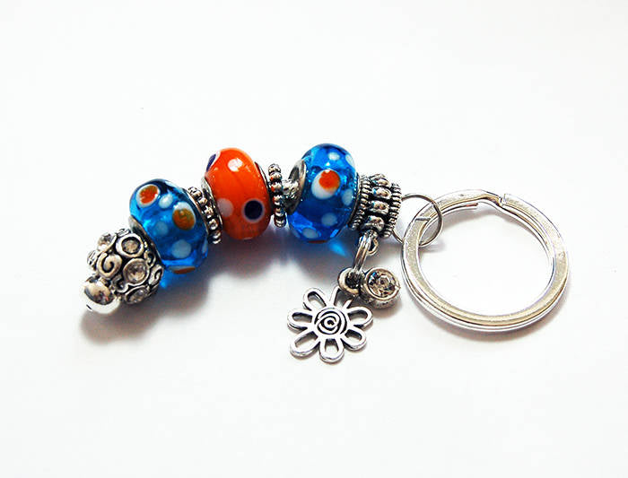 Flower Dotted Lampwork Bead in Blue & Orange - Kelly's Handmade