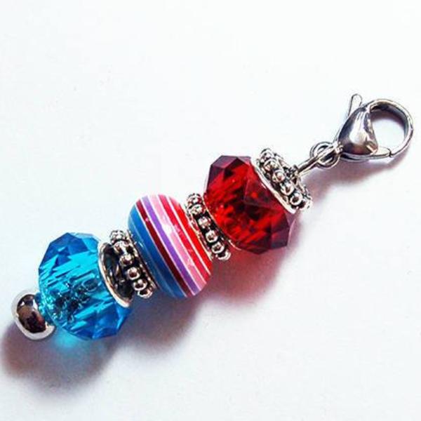 Striped Bead Zipper Pull in Blue Red & Pink - Kelly's Handmade