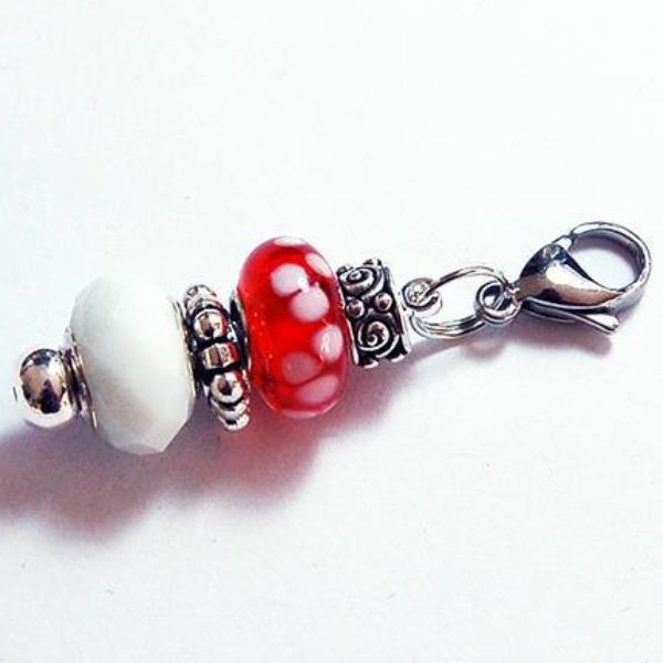 Lampwork Dot Bead Zipper Pull in Red & White - Kelly's Handmade