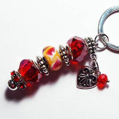 Heart Lampwork Bead Keychain in Red & Yellow - Kelly's Handmade