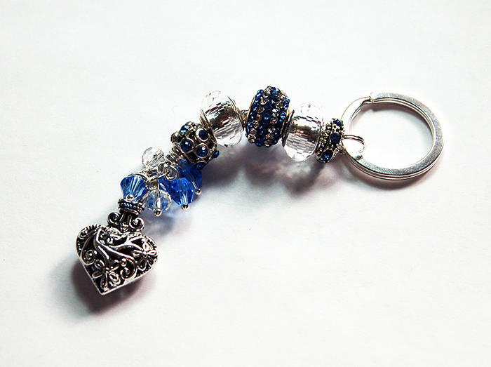 Ornate Heart Rhinestone Bead Keychain in Blue & Silver - Kelly's Handmade