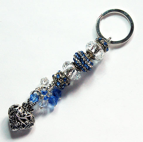 Ornate Heart Rhinestone Bead Keychain in Blue & Silver - Kelly's Handmade