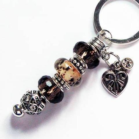 Heart Lampwork Bead Keychain in Brown - Kelly's Handmade